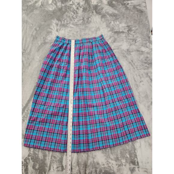 Vintage 80s Gotcha Covered Plaid Cotton Pleated Midi Skirt Size 14 Blue Preppy - Picture 8 of 9